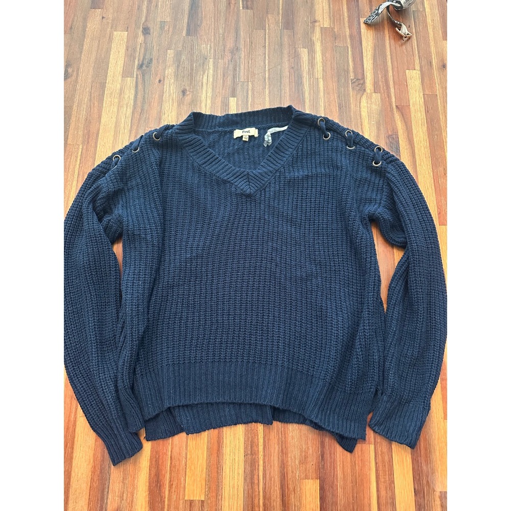 Pout V-Neck Sweater Womens Medium Navy Blue Excellent Lace Up Shoulder Knit